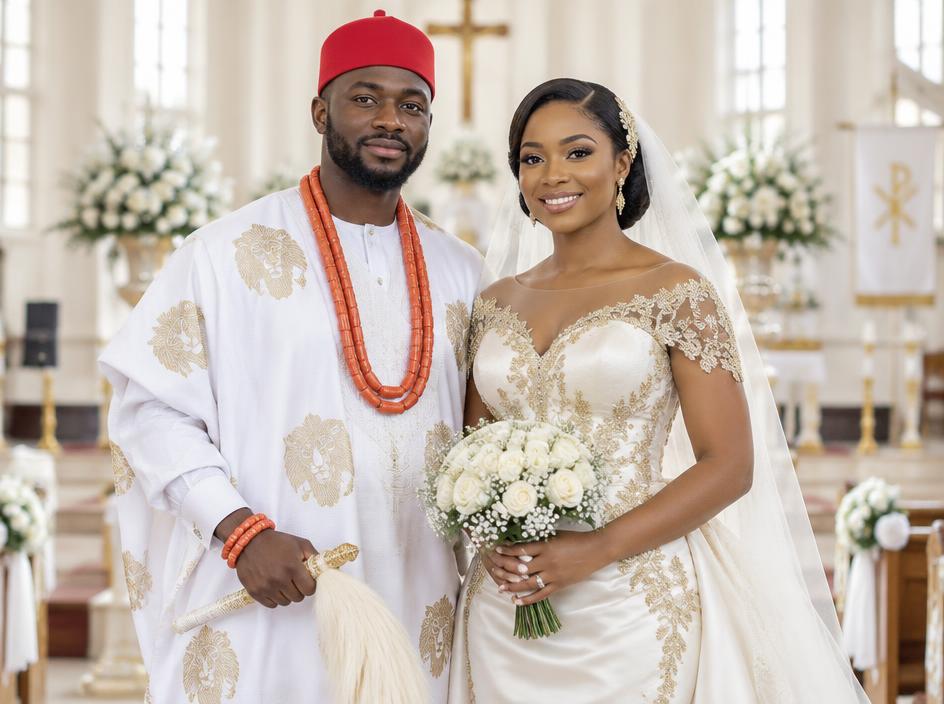 Nigerian couple in white and gold attire smiling during their church wedding ceremony