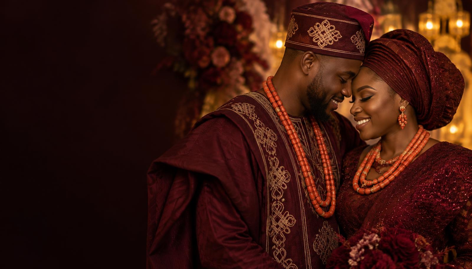 Burgundy & Gold template preview featuring sample couple Tobi & Chioma